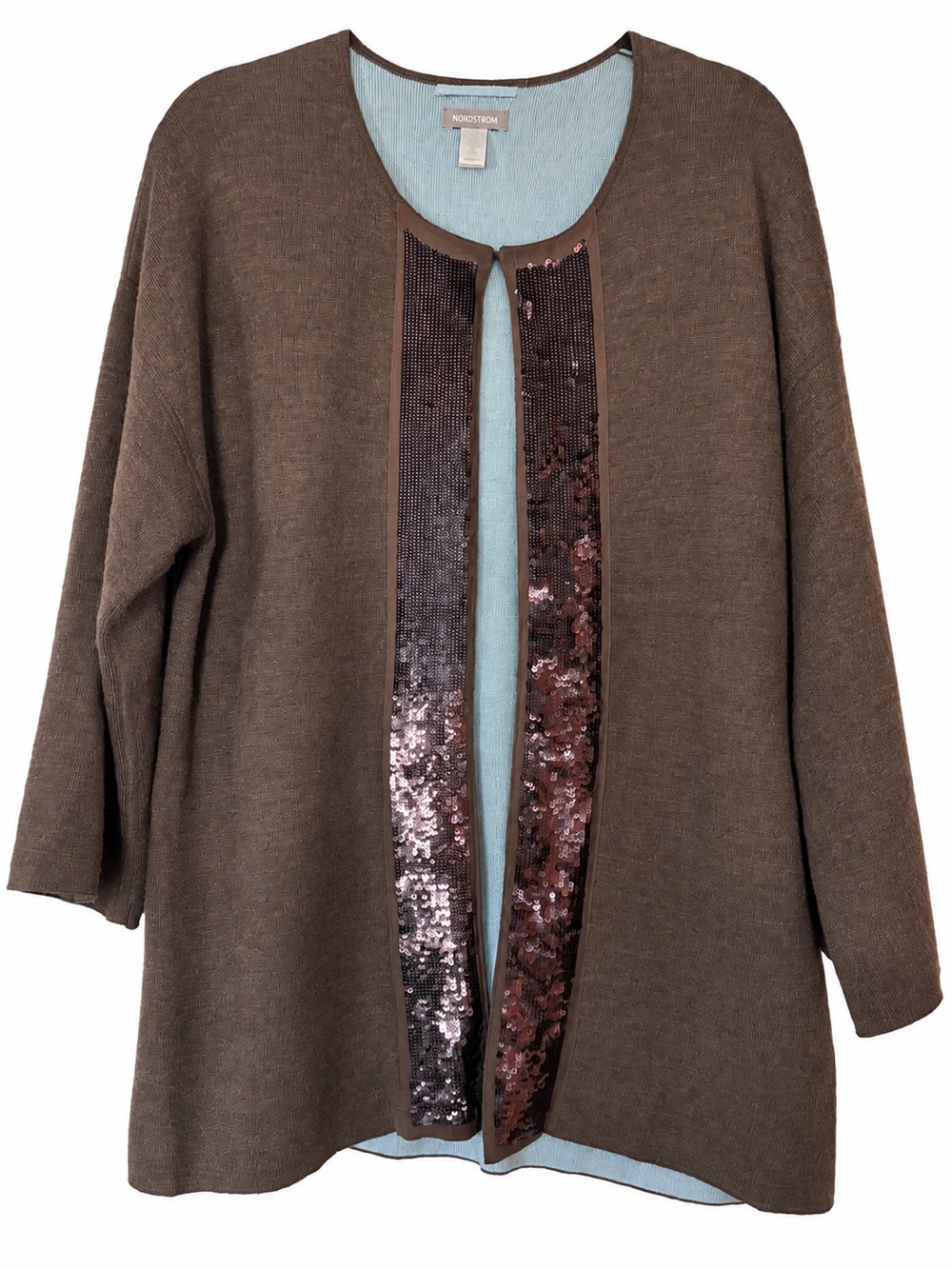 Nordstrom Wool Blend Sequin Trim Open Front Cardigan Brown ONE SIZE
